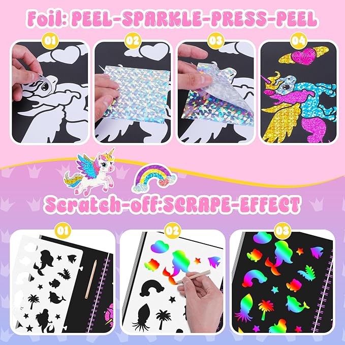 homicozy Art & Craft Activity for Kids: Foil Fun Unicorns and Princess & Scratch Art Book 2-in-1,No Mess Art Crafts for Girls,DIY Creative Activity Kit,Gifts for Girls Ages 4,5,6,7,8,9, Travel Toys-BubblyBeeBaby