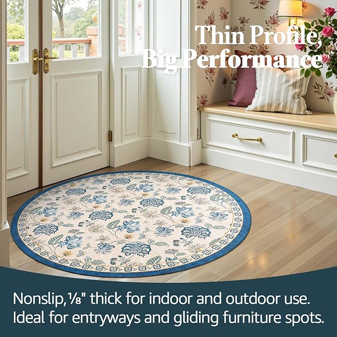 jinchan 4ft Floral Round Rug for Entryway Washable Kitchen Rug Vintage Romance Design Non Slip Indoor Doormat Lightweight Low-Profile Throw Carpet for Living Room Dining Room Bedroom, Blue/Beige-BubblyBeeBaby