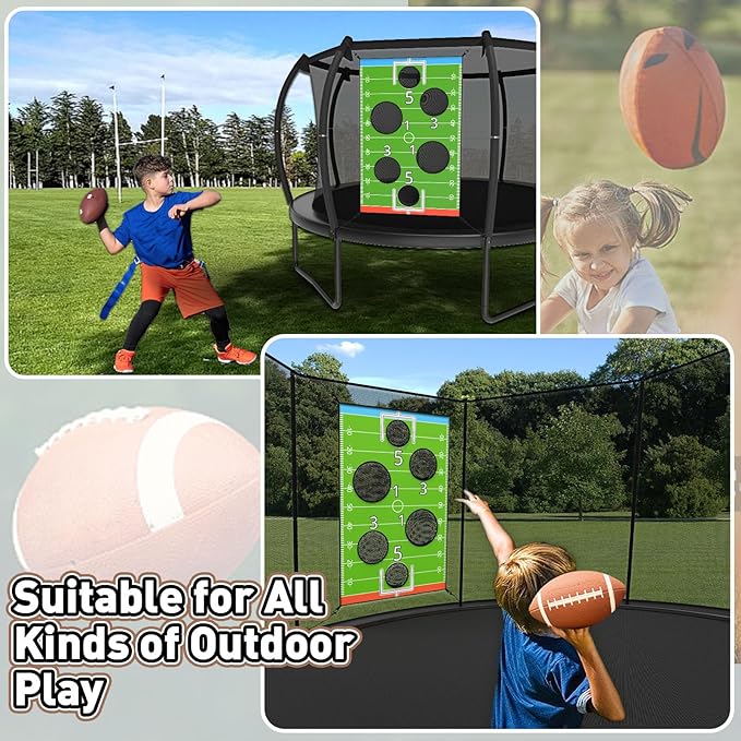 jumpfly Trampoline Football Game Accessories, Toss Throwing Target Net Fits 8 FT/10 FT/12 FT/14 FT Recreational Trampolines with Two Footballs - Trampoline Indoor Outdoor Party Games for Kids-BubblyBeeBaby