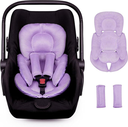 Infant Car Seat Insert for Newborn Girls Boys, Summer Mesh Baby Carseat Head Support with Strap Pads, Soft Reversible Baby Car Seat Insert Cushion Pad for Car Seat, Stroller, Bouncer, Swing, Purple-BubblyBeeBaby