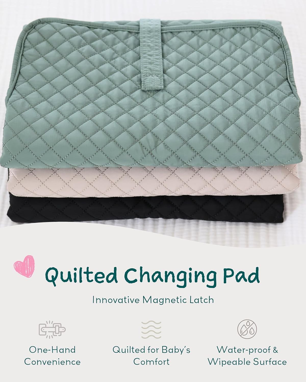 Lily Miles Baby Changing Pad Portable, Diaper Changing Mat with Magnetic Latches, Travel Pad for Diaper Bag, Baby Essentials, Wipeable & Waterproof Mat (Willow Green, Large)