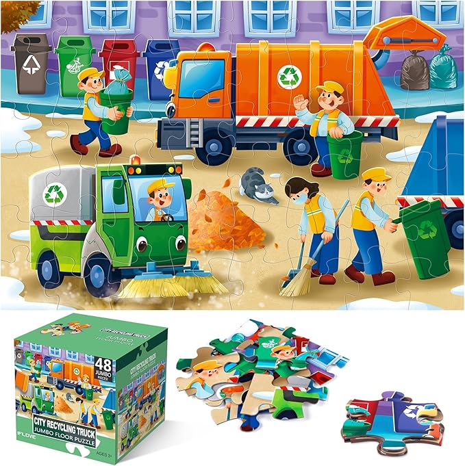 Jumbo Floor Puzzle for Kids,Recycling Garbage Truck Jigsaw Large Puzzles,48 Piece Trash Truck Vehicle Puzzle for Toddler Ages 3-5,Children Learning Preschool Educational Toys,Gift for 4-8 Years Old-BubblyBeeBaby