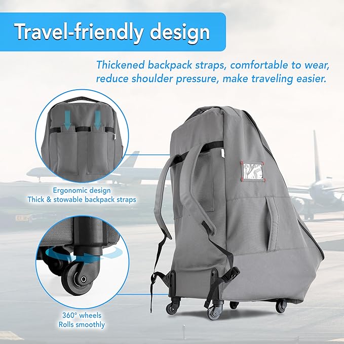 Car Seat Travel Bag with Wheels Heavy Duty Water-resistant Protective Cover for Airplane Travel & Rolling Design, Padded Handle,Padded Adjustable Strap (Grey)-BubblyBeeBaby