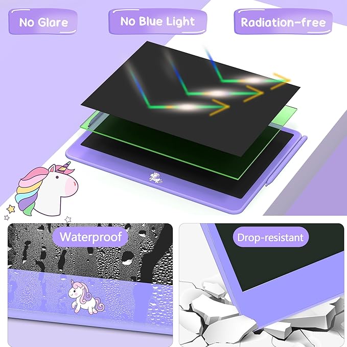 Hockvill LCD Writing Tablet for Kids 12 Inch, Kids Learning Toys Drawing Pad for Girls Boys, Unicorn Doodle Board for Toddlers 3 4 5 6 7 8 Year Old Travel Essentials, Christmas Birthday for Kids-BubblyBeeBaby