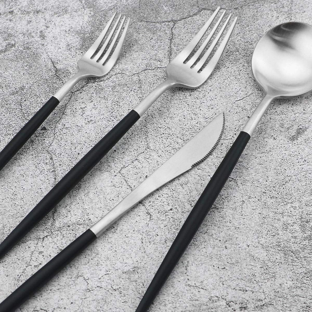 Gugrida Black Handle Matte Silver Silverware Set - 5-Piece 18/10 Stainless Steel Satin Finish Flatware, Kitchen Utensils, Tableware Travel Cutlery for Camping Office Lunch - Dishwasher Safe