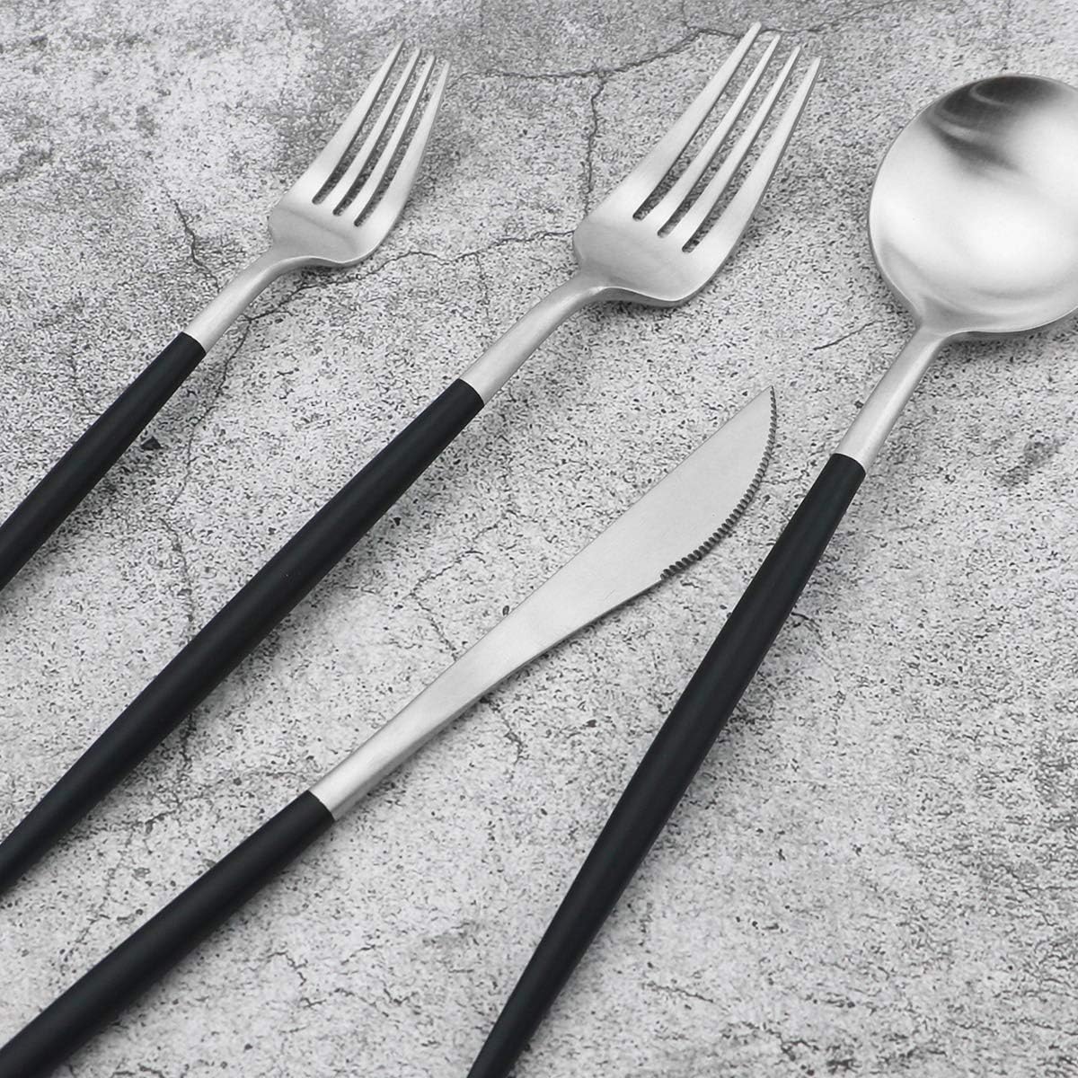 Gugrida Black Handle Matte Silver Silverware Set - 5-Piece 18/10 Stainless Steel Satin Finish Flatware, Kitchen Utensils, Tableware Travel Cutlery for Camping Office Lunch - Dishwasher Safe