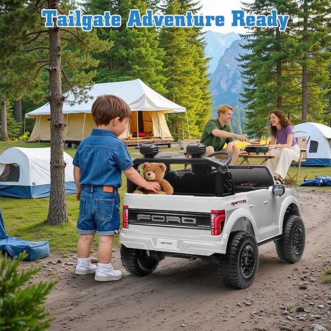 24V Ride on Car Licensed Ford F-150 Raptor, Kids Electric Car with Remote Control, LED Light/Music/MP3, Truck Bed Storage, 3-Point Seat Belt (24V, White)-BubblyBeeBaby