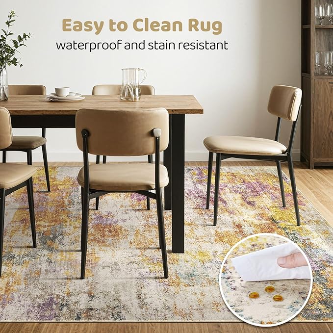 10X12 Area Rugs Living Room: Washable Large Abstract Modern Soft Stain Resistant Indoor Floor Rugs Non Slip Accent Carpet for Bedroom Nursery Playroom Office Dining Room Dorm Home House- Gold Colorful-BubblyBeeBaby