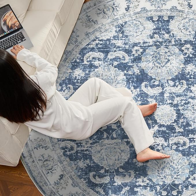 jinchan Round Rug 8ft Area Rug - Dark Blue Vintage Floor Mat Kitchen Indoor Ultra-Thin Soft Floral Print - Washable Circle 8' Retro Accent for Farmhouse Non Slip Dining Room Living Room Bedroom Office-BubblyBeeBaby