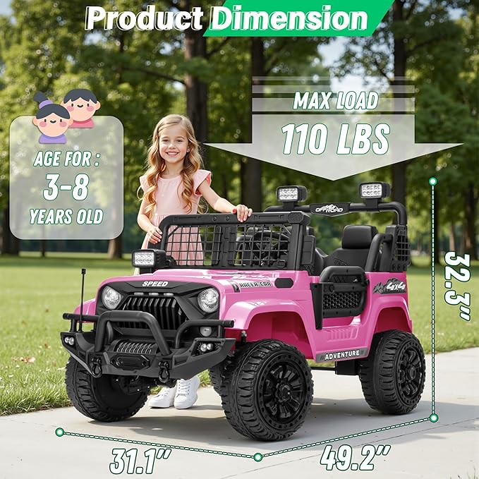 2 Seater Ride On Car Truck with Remote Control XL, Kids 24V Battery Powered Electric Vihicle w/21 in Seat, 3 Speeds, 2WD/4WD Switichable, Shock Absorbers,Bluetooth, Flower, Gift Choice-BubblyBeeBaby