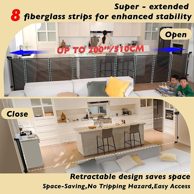 200" Retractable Baby Gates Extra Wide for Large Opening, 41" Extra Tall Retractable Dog Gate Pet Gates, Long Child Safety Mesh Gate with Fiberglass Rods for Stairs, Doorways, Hallways, Indoor/Outdoor-BubblyBeeBaby