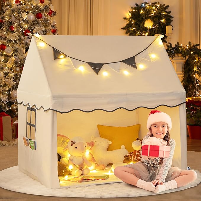 INFANS Kids Play Tent with Washable Mat Star Light Windows, Anti-Trip Large Playhouse Toys for Children Boys Girls, Indoor Outdoor Princess Tents Castle for Toddlers (Black- Wide Door)-BubblyBeeBaby