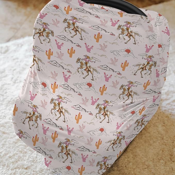 Cute Pink Cowgirl Car Seat Cover for Baby Western Cowgirls Horse Cactus Mountain Sunset Stretchy 5-in-1 Covers Adjustable Infant Carseat Canopy Cover Wild West Desert Breathable Nursing Cover-Up-BubblyBeeBaby