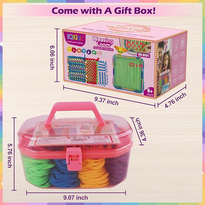 IQKidz Weaving Loom Kit Toys, DIY Arts and Crafts for Kids and Adults, Ideal Gifts for Girls Ages 5 6 7 8-12 13, Easy Potholder Loom Knitting Activity for Beginners, 224 Craft Loops-BubblyBeeBaby