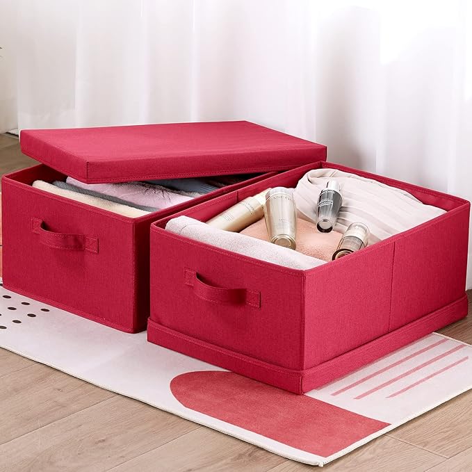 HOONEX Storage Bins with Lids for Organizing, Pack of 2, Storage Boxes with 2 Carrying Handles and Sturdy Heavy Cardboard, 16.5" L x 11.8" W x 7.5" H for Shoes, Books, Clothes, Red-BubblyBeeBaby
