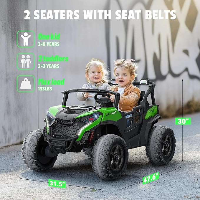 24V 2 Seater Ride on Car Truck, 4x200W, EVA Tires, Remote Control, 4WD/2WD, Rainbow Lights, Shock Absorbers, Bluetooth, Ride On UTV Toy for Kids Ages 3-8, Green-BubblyBeeBaby