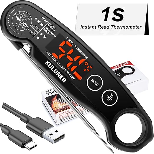 1-Second Rapid and Accurate Meat Thermometer - Waterproof Multifunctional Kitchen Food Thermometer, Ideal for Frying, Smoking, Grilling and More (Black)-BubblyBeeBaby