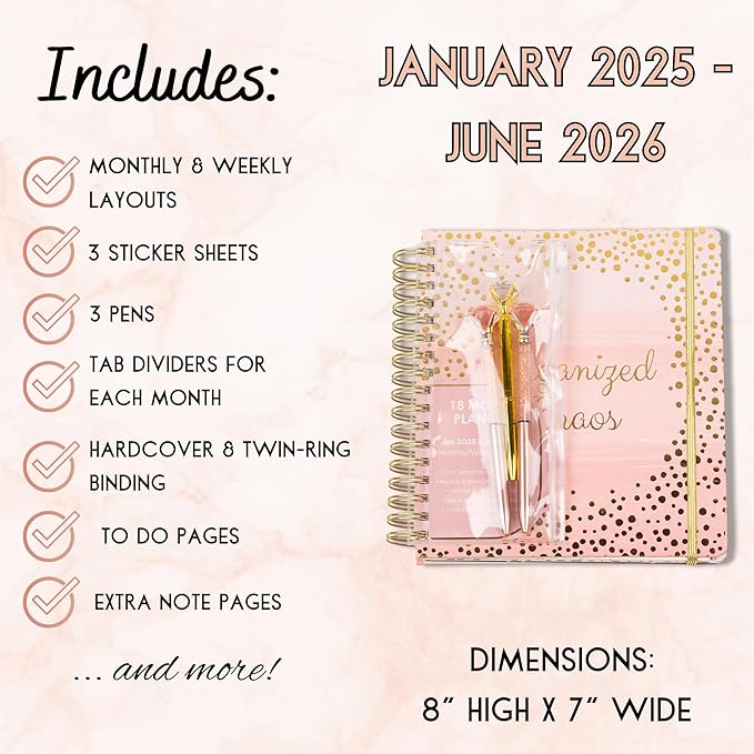 2025-2026 Monthly Large Planner- Daily, Weekly & Monthly Organizer with 3 Pens & Stickers - Organized Chaos Pink, January 2025 to June 2026, Stylish & Durable-BubblyBeeBaby