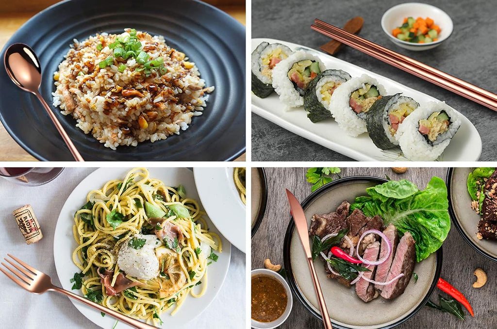 AARAINBOW 6 Pieces 18/8 Stainless Steel Flatware Set Portable Reusable Cutlery Set Travel Utensils Set Including Chopsticks Knife Fork Spoon Straws Cleaning Brush Dishwasher Safe (Rose Gold)