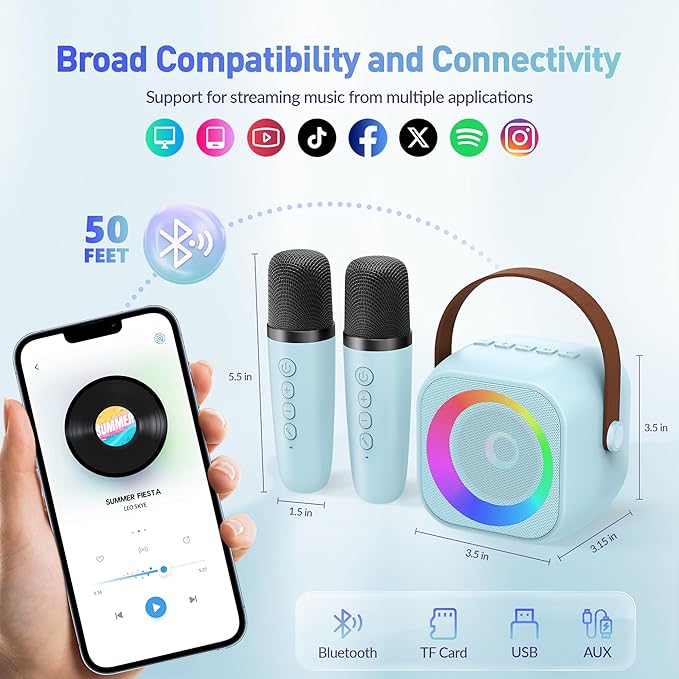 Karaoke Machine, Portable Bluetooth Speaker with 2 Wireless Microphones for Kids, Karaoke Toys Gifts Toys for Girls Boys Family Home Party (Blue)-BubblyBeeBaby