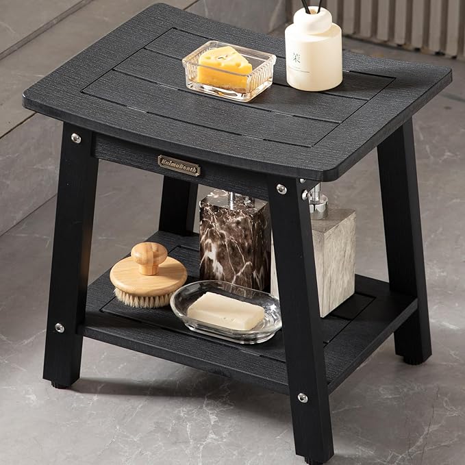 HDPS Shower Stool Waterproof, Bench Seat for Shaving Legs, Plastic Chair for Inside Shower, Foot Rest With Adjustable Feet, Non-Slip/No Maintenance, Black-BubblyBeeBaby