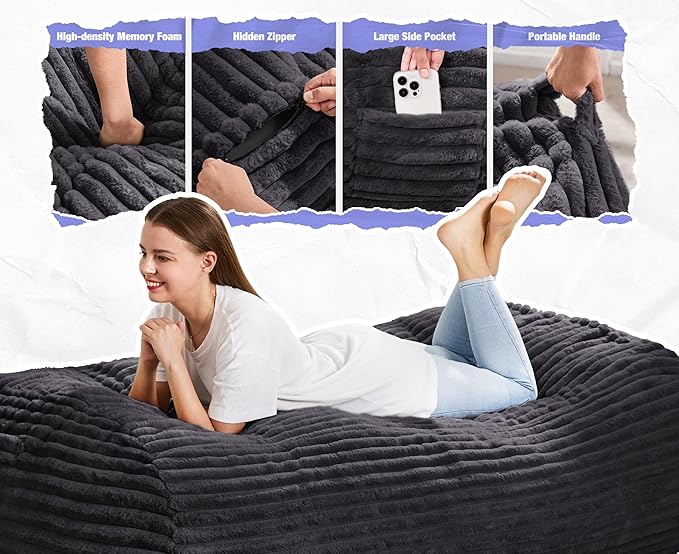 Hobestluk 5FT Bean Bag Chairs Adult Bean Bag with Portable Handle Comfy Large Bean Bag Lounge Chair with Removable Cover for Living Room Bedroom (Stripe Dark Grey, 5FT)-BubblyBeeBaby