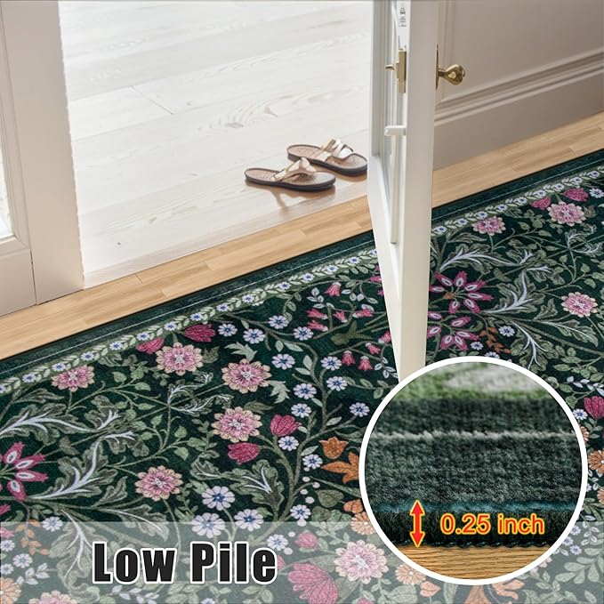 10x14 Area Rugs for Living Room: Floral Washable Rug Vintage Large Soft Boho Non-Slip Carpet Stain Resistant Low Pile Carpets for Bedroom Dining Room Farmhouse Nursery Hallway Home Office Dark Green-BubblyBeeBaby