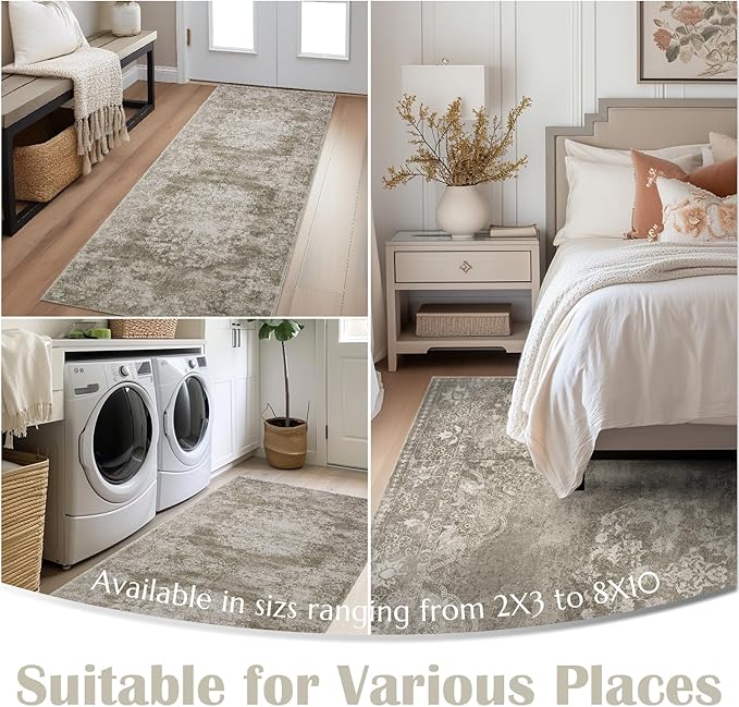 jinchan Vintage Floral Runner Rug 2x5 - Machine Washable Distressed Design Non-Slip Low-Pile Soft Thin Carpet for Hallway Kitchen Farmhouse Bedroom Entryway Laundry Room (2x5ft,Brown)-BubblyBeeBaby