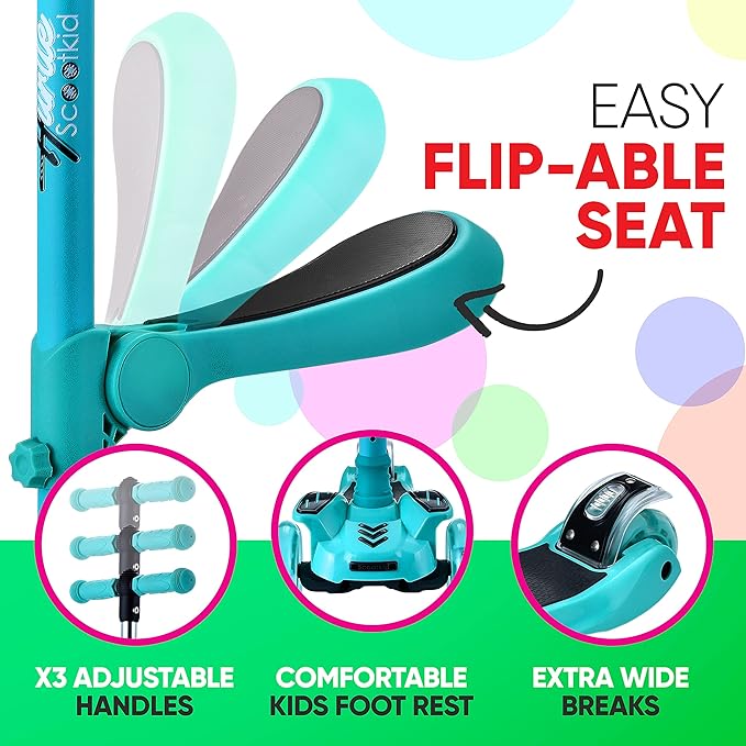 Hurtle 3-Wheeled Scooter for Kids - Wheel LED Lights, Adjustable Lean-to-Steer Handlebar, and Foldable Seat - Sit or Stand Ride with Brake for Boys and Girls Ages 1-14 Years Old-BubblyBeeBaby