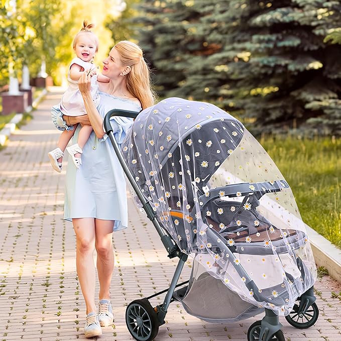 Baby Stroller Mosquito Net (2 Pack) - Durable Mesh Protection for Bassinets, Cradles, Playards, Pack N Plays & Portable Mini Cribs | Breathable Universal Fit Insect Barrier (Black + Daisy)-BubblyBeeBaby