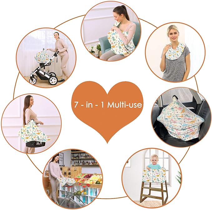 Multi-use Carseat Covers Breastfeeding Cover - Car Seat Covers for Babies, Stretchy Carseat Canopy Cover, Boys and Girls Shower Gifts (Colours Dinosaur)-BubblyBeeBaby