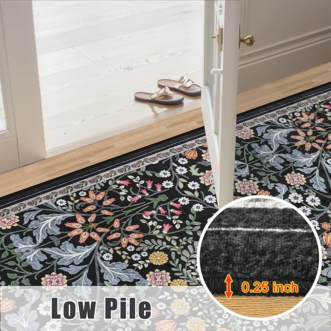10x12 Area Rugs for Living Room: Floral Washable Rug Vintage Large Soft Boho Non-Slip Carpet Indoor Stain Resistant Low Pile Carpets for Bedroom Dining Room Farmhouse Nursery Home Office Dark Black-BubblyBeeBaby