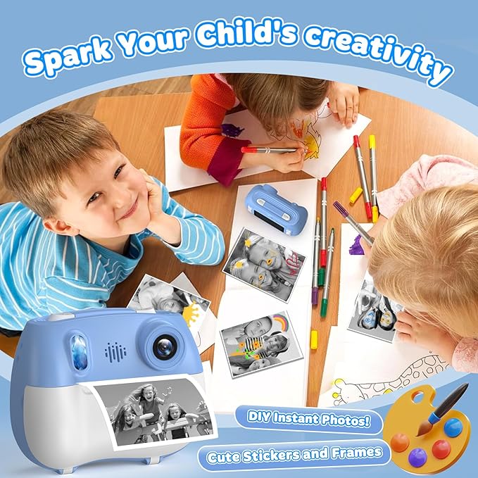 Instant Print Camera for Kids - Front Rear Dual Selfie Kid Print Camera, Fun Birthday Gift for Boys Ages 3-12, HD Digital Video Cameras, Easy to Use for Toddler - Blue-BubblyBeeBaby