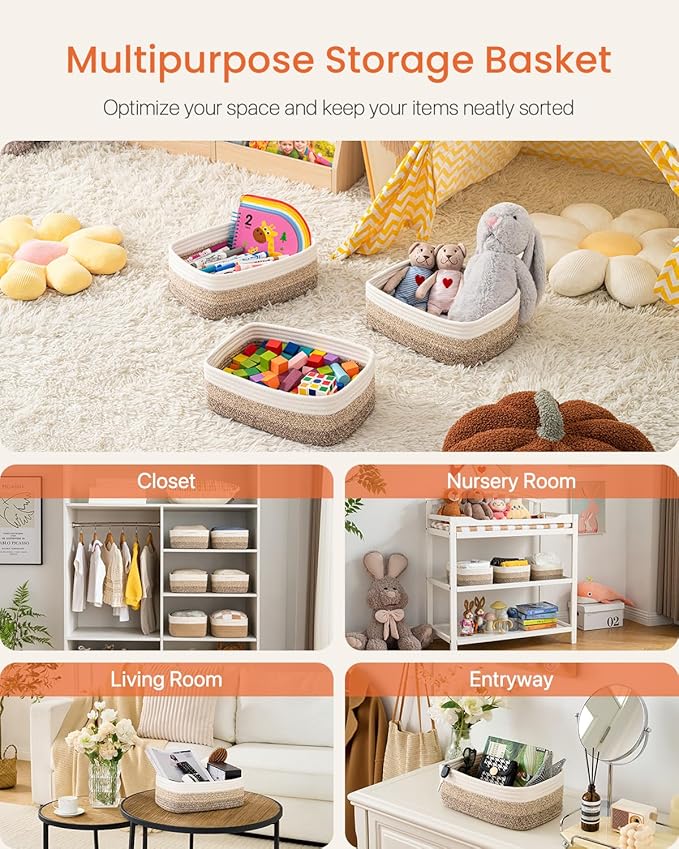 KALLAX Small Woven Basket, 12 x 8 x 4.5 Inches, Storage Basket for Organizing, Cute Small Rope Shelf Closet Cube Storage Bins Baskets for Shelves, Dog Toy Gift Baskets Empty, 3 Pack Gradient Brown-BubblyBeeBaby