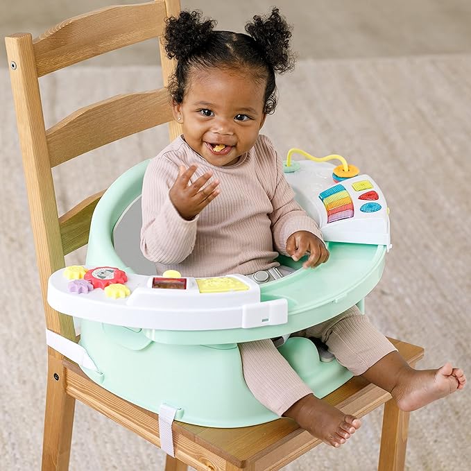 Infantino Music & Lights 3-in-1 Discovery Seat and Booster - Convertible Booster, Infant Activity Seat and Feeding Seat with Electronic Piano for Sensory Exploration, for Babies and Toddlers, Mint-BubblyBeeBaby