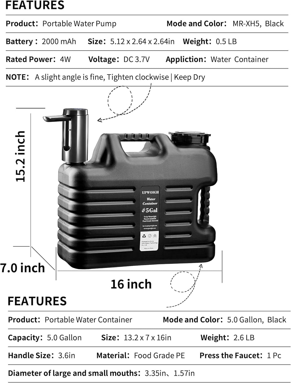 Portable 5 Gallon Water Jug with Automatic Touch Control Pump,Truly No Leakage Water Container with Spigot,Type-C Rechargeable Black Water Pump Gear for Outdoors Camping Hiking