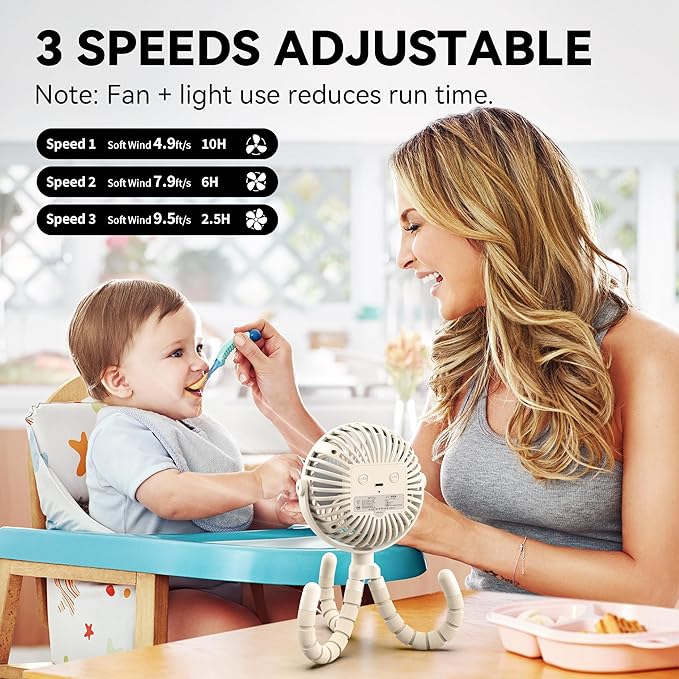 AMACOOL Battery Operated Stroller Fan Flexible Tripod Clip On Fan with 3 Speeds and Rotatable Handheld Personal Fans for Car Seat Crib Bike Treadmill (Beige)-BubblyBeeBaby