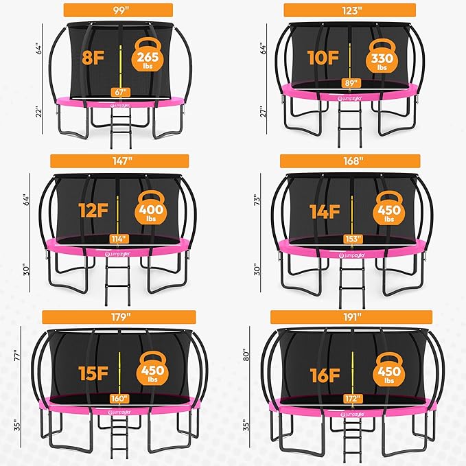 JUMPZYLLA Trampoline Outdoor 8FT 10FT 12FT 14FT 15FT 16FT with Enclosure and Ladder, ASTM Approved Recreational Trampoline for Kids and Adults, Anti-Rust Coated Frame-BubblyBeeBaby