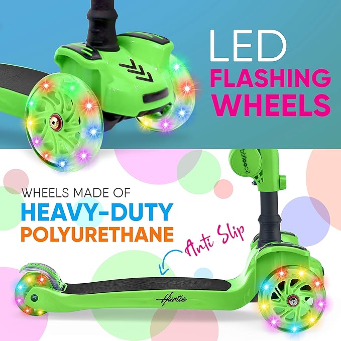 Hurtle 3-Wheeled Scooter for Kids - Wheel LED Lights, Adjustable Lean-to-Steer Handlebar, and Foldable Seat - Sit or Stand Ride with Brake for Boys and Girls Ages 1-14 Years Old-BubblyBeeBaby