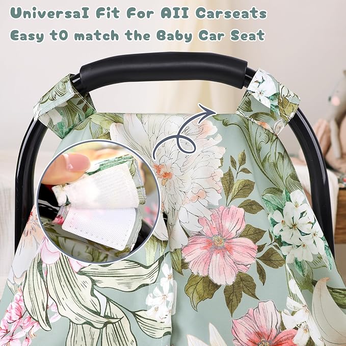 Car Seat Cover Baby, Flroal Infant Car Seat Canopy Covers for Newborn Girls Boys, Soft Breathable Minky Carseat Covers Stretchy Multi-Use Nursing Cover for Stroller Baby Car Seat, Green Leaf-BubblyBeeBaby