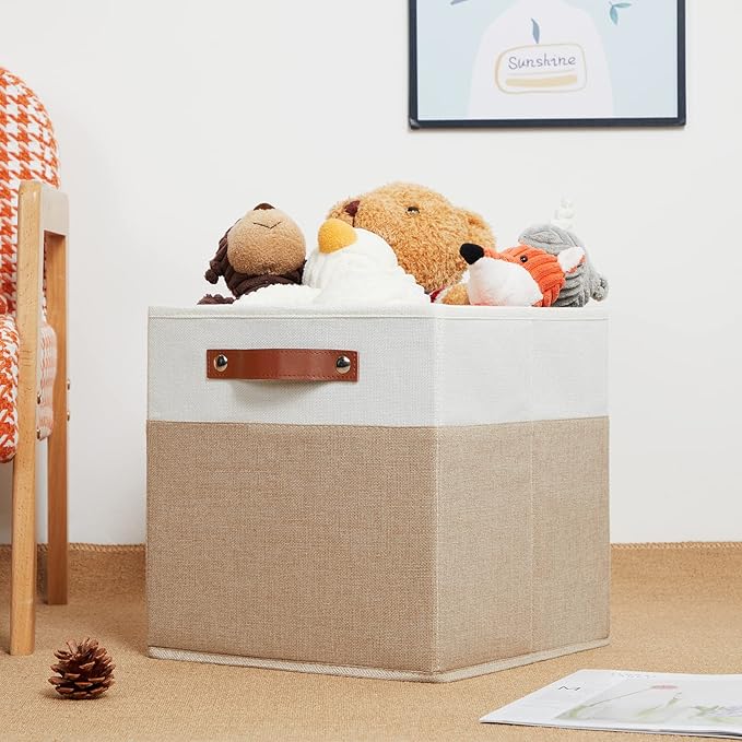 HNZIGE Fabric Storage Cubes, Cube Storage Bins 12 x 12, Set of 4, Decorative Storage Baskets for Shelves with Handles,Foldable Bins for Cube Shelf Organizer Home Toy Nursery Closet(Beige White)-BubblyBeeBaby