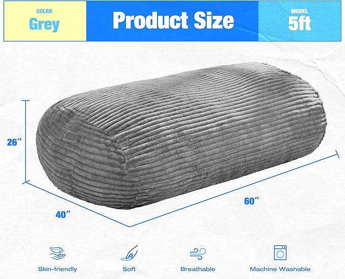 Hobestluk 5FT Bean Bag Chairs Adult Bean Bag with Portable Handle Comfy Large Bean Bag Lounge Chair with Removable Cover for Living Room Bedroom (Stripe Grey, 5FT)-BubblyBeeBaby