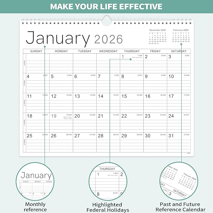 2026 Wall Calendar - 2026 Calendar from Jan. 2026 - Dec. 2026, 14.6" x 11.4", 12 Months Wall Calendar 2026, Thick Paper, Twin-Wire Binding, Simple Design-BubblyBeeBaby
