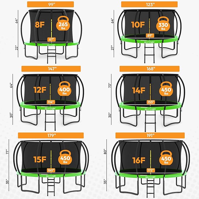 JUMPZYLLA Trampoline Outdoor 8FT 10FT 12FT 14FT 15FT 16FT with Enclosure and Ladder, ASTM Approved Recreational Trampoline for Kids and Adults, Anti-Rust Coated Frame-BubblyBeeBaby