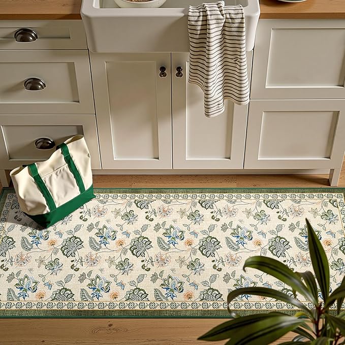 jinchan 2x5 Floral Runner Rug for Hallway Washable Kitchen Runner Vintage Romance Design Non Slip Thin Indoor Floor Cover Low-Profile Throw Carpet for Entryway Bathroom Bedroom Porch, Green/Beige-BubblyBeeBaby