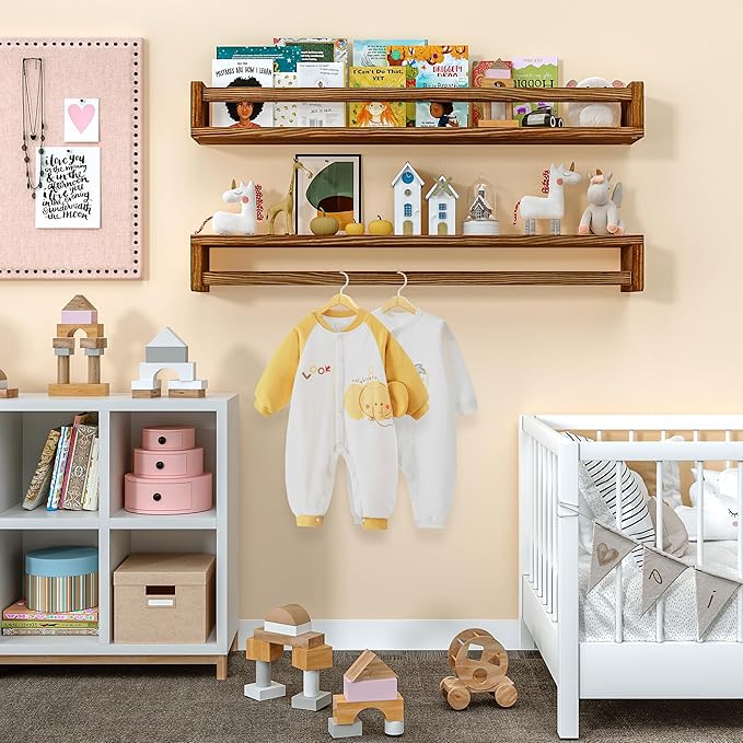Heimlove 32 Inch Nursery Floating Shelves, Nursery Book Shelves for Wall, Wall Bookshelf for Kids Solid Wood Wall Mounted Shelves for Books,Toys and Decor Storage, Set of 2-BubblyBeeBaby