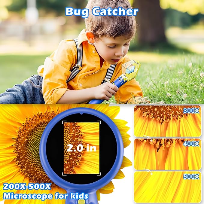 2 in 1 Kids Microscope with Bug Catcher,HD 500X Digital Microscope for Kids with 2" Screen,Photo and Video,STEM Educational Science Kit Learning Toys for Age 3-12 Girls & Boys Birthday Gifts (Blue)-BubblyBeeBaby