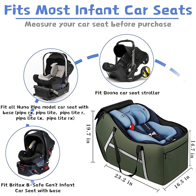 Infant Car Seat Travel Bag for Airplane Compatible with All Nuna Pipa Car Seat and Base,Chicco KeyFit 30 and Base, Padded Car Seat Bags for Air Travel,Car Seat Gate Check Bag with Side Pocket, Green-BubblyBeeBaby