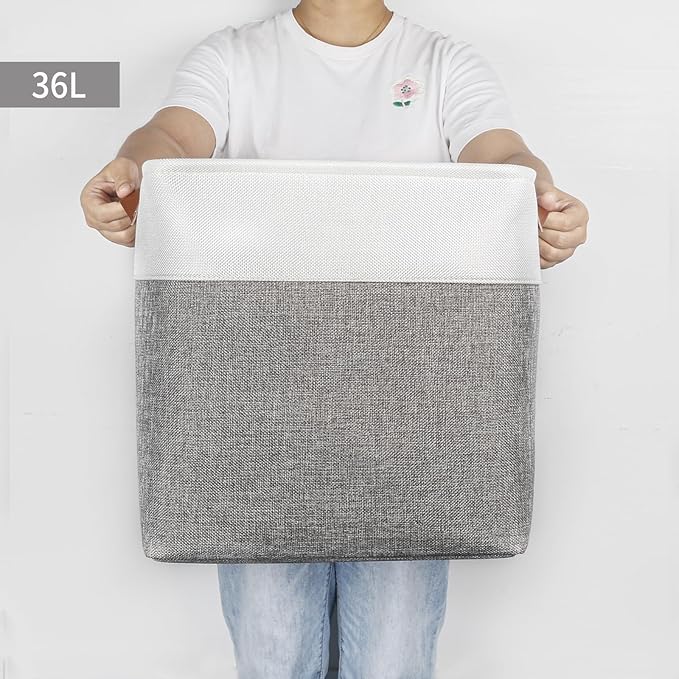 13x13 Cube Storage Bins, Collapsible Fabric Storage Box, 4 Pack Closet Baskets with Handles for Organizing, Shelf, Toys, Clothes, Home, Office, Nursery (Grey&White)-BubblyBeeBaby