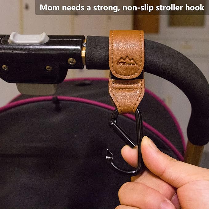 Baby Stroller Hooks Bag Hooks for Hanging Diaper Bags Multipurpose Hooks for Grocery Shopping Bags Premium Vegan Leather Pram Straps 2 Pcs (Brown)-BubblyBeeBaby
